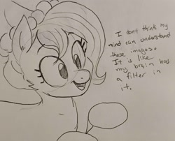 Size: 2680x2161 | Tagged: safe, artist:pony quarantine, oc, oc only, oc:brownie bun, earth pony, pony, description is relevant, dialogue, female, grayscale, mare, monochrome, open mouth, open smile, pencil drawing, smiling, solo, traditional art