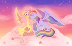 Size: 2405x1538 | Tagged: safe, artist:nzumsu, fluttershy, rainbow dash, pegasus, pony, g4, blushing, cloud, colored wings, duo, duo female, female, imminent kissing, lesbian, mare, multicolored wings, on a cloud, outdoors, rainbow wings, raised hoof, ship:flutterdash, shipping, sitting, sitting on a cloud, sky, spread wings, stars, wings