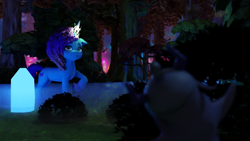 Size: 3840x2160 | Tagged: safe, artist:raindashesp, misty brightdawn, ghost, troggle (g5), unicorn, g5, bridlewood, crystal, duo, forest, glowing, glowing horn, horn, mist, nature, rebirth misty, tree, unitober 2024