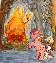 Size: 2987x3381 | Tagged: safe, artist:foxspotted, galaxy (g1), bull, pony, unicorn, g1, bow, crossover, duo, female, high res, horn, mare, outdoors, rearing, tail, tail bow, the last unicorn, the red bull, traditional art