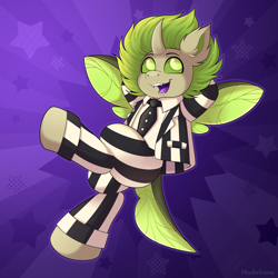 Size: 2700x2700 | Tagged: safe, artist:madelinne, oc, oc only, oc:copycat, abstract background, beetlejuice, clothes, cosplay, costume, happy, male, solo, stallion