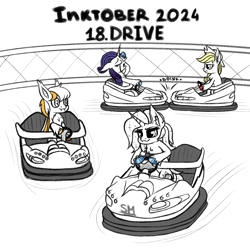 Size: 1000x1000 | Tagged: safe, artist:sunamoonmlp, derpibooru exclusive, applejack, rarity, oc, oc:moonlight wane, oc:sunamoon, alicorn, bat pony, pony, g4, bumper cars, cute, drama queen, dramatic, female, horn, inktober, inktober 2024, male, wings