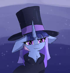 Size: 1684x1772 | Tagged: safe, artist:naza, oc, oc only, oc:flawless sparklemoon, pony, unicorn, my little pony the movie: the death of twilight sparkle, cloak, clothes, evil smile, female, fusion, fusion:trixie, fusion:twilight sparkle, fusion:twixie, hat, horn, looking at you, magician outfit, smiling, solo, starry background, starry eyes, striped background, top hat, unicorn oc, wingding eyes