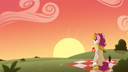 Size: 3500x1969 | Tagged: safe, artist:nika-rain, oc, oc only, oc:exo inforno, pony, unicorn, alcohol, bottle, glass, horn, outdoors, picnic blanket, pony oc, solo, summer, sunset, unicorn oc, vector, wine, wine bottle, wine glass