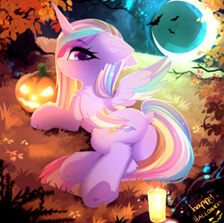 Size: 3394x3380 | Tagged: safe, artist:empress-twilight, oc, oc only, oc:harmony, alicorn, bat, pony, alicorn oc, butt, candle, chest fluff, colored wings, colored wingtips, commission, dock, ear fluff, eyebrows, eyebrows visible through hair, female, grass, halloween, holiday, horn, jack-o-lantern, leg fluff, looking at you, looking back, looking back at you, lying down, mare, moon, multicolored wings, on side, one wing out, outdoors, plot, pumpkin, rear view, smiling, smiling at you, solo, tail, tree, underhoof, wings, ych result