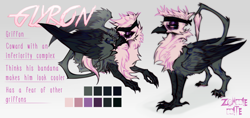 Size: 3974x1875 | Tagged: safe, artist:z0mbiebite, oc, oc only, oc:glyron, griffon, bandana, chest fluff, eyeshadow, gradient background, makeup, male, reference sheet, solo, wings