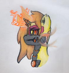 Size: 960x1026 | Tagged: safe, artist:puppofriendo, oc, oc:sunny shadows, pony, unicorn, angry, augmentation, augmented, collaboration, crystallized, cyberpunk, drawing, eye, flowing mane, glare, horn, jaws, magic, metal, music notes, pencil, pencil drawing, prismacolors, prosthetic eye, prosthetics, scar, shaved mane, side view, smoke, traditional art