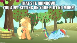 Size: 888x499 | Tagged: safe, edit, edited screencap, screencap, applejack, rainbow dash, earth pony, pegasus, pony, g4, grannies gone wild, apple, apple orchard, apple tree, basket, butt, caption, duo, duo female, falling, female, food, gritted teeth, image macro, lasso, literal butthurt, mare, meme, mouth hold, orchard, outdoors, pain, plot, rope, smack, spread wings, sweet apple acres, teeth, text, that's gotta hurt, this is going to hurt, this will end in pain, tree, wings