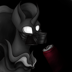 Size: 3000x3000 | Tagged: safe, artist:darklight1315, pony of shadows, shadow lock, fallout equestria, g4, black background, drink, energy drink, fallout equestria: mayday, glowing, glowing eyes, respirator, simple background, solo