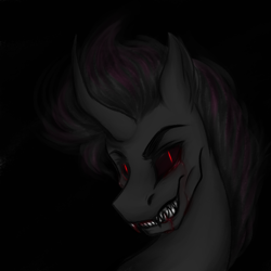 Size: 3000x3000 | Tagged: safe, artist:darklight1315, pony of shadows, oc, oc only, oc:catharsis, fallout equestria, g4, black background, fallout equestria: mayday, fangs, simple background, solo