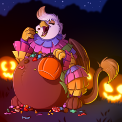 Size: 1920x1920 | Tagged: safe, artist:sugaryviolet, oc, oc only, oc:macchiato (griffon), griffon, adorafatty, belly, big belly, candy, clothes, clothing damage, costume, cute, eating, eyes closed, fat, female, food, griffon oc, nightmare night, outdoors, pumpkin bucket, solo, stuffed, stuffed belly