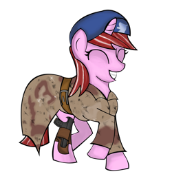 Size: 1280x1281 | Tagged: safe, artist:raritykaiba, oc, oc only, oc:desert rose (viva las pegasus), pony, unicorn, fallout equestria, fallout equestria: viva las pegasus, belt, beret, cloak, clothes, eyes closed, fanfic art, female, female oc, filly, filly oc, foal, gun, handgun, hat, holster, horn, pistol, raised hoof, simple background, smiling, solo, transparent background, two toned mane, unicorn oc