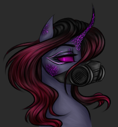 Size: 2049x2210 | Tagged: safe, artist:darklight1315, pony of shadows, oc, oc only, oc:shard, pony, unicorn, fallout equestria, g4, fallout equestria: mayday, glowing, glowing eyes, horn, respirator, solo