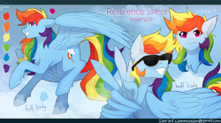 Size: 2700x1500 | Tagged: safe, artist:sinrinf, rainbow dash, pegasus, pony, g4, alternate design, alternate hairstyle, color palette, female, flying, mare, outdoors, peace sign, reference sheet, solo, sunglasses, wing hands, wings