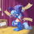 Size: 1950x1944 | Tagged: safe, artist:raritymylove, rarity, trixie, twilight sparkle, pony, unicorn, g4, backstage, bipedal, bouquet, clothes, crate, curtains, eating, flower, hat, herbivore, horn, horses doing horse things, indoors, rose, solo, text, trixie's hat