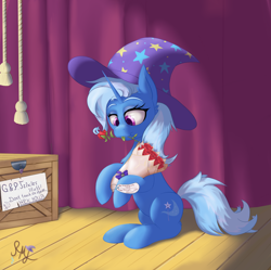 Size: 1950x1944 | Tagged: safe, artist:raritymylove, trixie, pony, unicorn, g4, backstage, bipedal, bouquet, clothes, crate, curtains, eating, flower, hat, herbivore, horn, horses doing horse things, indoors, rose, solo, text, trixie's hat