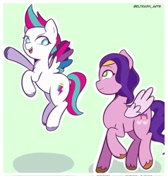 Size: 1949x2048 | Tagged: safe, artist:eltrash_art6, pipp petals, zipp storm, pegasus, pony, g5, duo, duo female, end of g5, female, flying, mare, markings, open mouth, passepartout, raised hoof, raised leg, royal sisters (g5), siblings, sisters, unshorn fetlocks