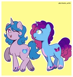 Size: 1949x2048 | Tagged: safe, artist:eltrash_art6, izzy moonbow, misty brightdawn, pony, unicorn, g5, bracelet, duo, duo female, end of g5, female, horn, jewelry, mare, markings, one eye closed, open mouth, passepartout, rebirth misty, unshorn fetlocks, wink