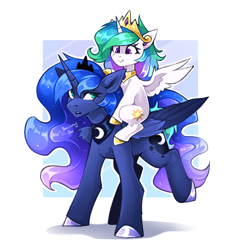 Size: 2462x2500 | Tagged: safe, artist:buvanybu, princess celestia, princess luna, alicorn, pony, g4, age regression, celestia riding luna, cewestia, cute, cutelestia, duo, duo female, female, filly, looking left, mare, passepartout, ponies riding ponies, riding, riding a pony, role reversal, royal sisters, siblings, sisters, size difference, young celestia, younger