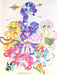 Size: 1456x1920 | Tagged: safe, artist:肝到驾崩, derpibooru exclusive, applejack, fluttershy, pinkie pie, rainbow dash, rarity, twilight sparkle, alicorn, earth pony, pegasus, pony, unicorn, mlp fim's fourteenth anniversary, g4, cannon, clothes, cute, dashabetes, diapinkes, gloves, horn, jackabetes, lined paper, magic book, mane six, raribetes, shyabetes, sword, traditional art, twiabetes, wand, weapon, whip