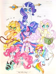 Size: 3552x4736 | Tagged: safe, artist:肝到驾崩, derpibooru exclusive, applejack, fluttershy, pinkie pie, rainbow dash, rarity, twilight sparkle, mlp fim's fourteenth anniversary, g4, lined paper, traditional art, weapon