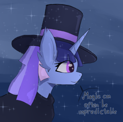 Size: 1920x1902 | Tagged: safe, artist:naza, oc, oc:flawless sparklemoon, pony, unicorn, my little pony the movie: the death of twilight sparkle, cloak, clothes, fusion, fusion:trixie, fusion:twilight sparkle, fusion:twixie, hat, horn, looking forward, magician outfit, solo, text, top hat