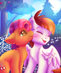 Size: 1505x1789 | Tagged: safe, alternate version, artist:zobaloba, babs seed, featherweight, earth pony, pegasus, pony, g4, apple, apple tree, blushing, brown hair, brown mane, couple, cute, eyes closed, female, forest, freckles, green eyes, licking, love, male, mare, nature, older, older babs seed, older featherweight, outdoors, red hair, romantic, ship:featherseed, shipping, sitting, smiling, stallion, straight, tongue out, tree, wholesome, wings