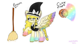 Size: 827x468 | Tagged: safe, artist:nebulamuffins2004, pegasus, pony, bow, broom, female, hat, hat bow, kirisame marisa, mare, ponified, simple background, solo, touhou, white background, witch hat