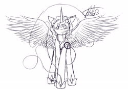 Size: 2912x2059 | Tagged: safe, artist:neko9lives, alicorn, pony, female, komeiji satori, lineart, mare, monochrome, ponified, simple background, sketch, solo, touhou, white background, wip