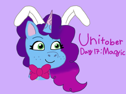 Size: 1080x810 | Tagged: safe, artist:shucku, misty brightdawn, unicorn, buried in a good book, g5, my little pony: tell your tale, bowtie, bunny ears, female, freckles, horn, mare, multicolored hair, rebirth misty, solo, unitober 2024