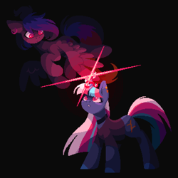 Size: 2450x2450 | Tagged: safe, artist:danvo, oc, oc only, oc:danvoolka, oc:scarlett moonlight, pegasus, pony, unicorn, black background, digital art, dithering, female, female oc, glowing, glowing horn, horn, magic, male, male oc, pegasus oc, piercing, pixel art, simple background, sparkles, unicorn oc