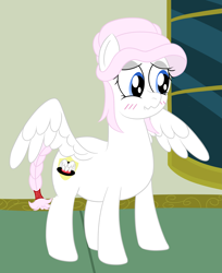 Size: 2833x3475 | Tagged: safe, artist:mariculture, oc, oc only, oc:cuddle wings, pegasus, pony, blushing, female, indoors, looking away, mare, partially open wings, solo, wings