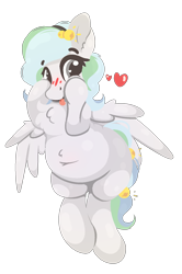 Size: 1102x1664 | Tagged: safe, artist:rhythmpixel, oc, oc only, oc:river chime, pegasus, pony, bells, belly, belly button, blushing, chest fluff, chubby, female, heart, heart eyes, mare, simple background, solo, transparent background, wingding eyes