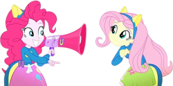 Size: 4476x2220 | Tagged: safe, edit, edited screencap, editor:mrtoonlover83, screencap, fluttershy, pinkie pie, human, equestria girls, g4, background removed, duo, duo female, female, megaphone, needs more jpeg, not a vector, simple background, transparent background, wondercolt ears, wondercolts uniform