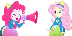 Size: 4476x2271 | Tagged: safe, edit, edited screencap, editor:mrtoonlover83, screencap, fluttershy, pinkie pie, equestria girls, g4, background removed, duo, duo female, female, megaphone, needs more jpeg, not a vector, simple background, transparent background, wondercolt ears, wondercolts uniform