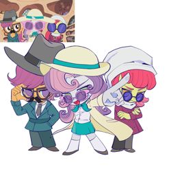 Size: 2279x2238 | Tagged: safe, artist:nimingxiwang168, apple bloom, scootaloo, sweetie belle, human, equestria girls, g4, twilight time, :d, chibi, clothes, crossed arms, cutie mark crusaders, detective, equestria girls interpretation, fake moustache, golden oaks library, hat, headscarf, jacket, kneesocks, looking at you, necktie, open mouth, open smile, pants, pointing, reference used, scarf, scene interpretation, screencap reference, shirt, shoes, simple background, skirt, smiling, socks, sun hat, sunglasses, white background