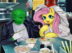 Size: 4188x3095 | Tagged: safe, artist:lillslim, fluttershy, oc, oc:anon, human, pegasus, pony, g4, clothes, complex background, digital painting, drawthread, dress, duo, female, food, high res, looking at you, mare, marriage, painting, requested art, restaurant, shirt, smiling, suit, table, wedding, wedding dress