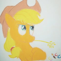 Size: 1080x1080 | Tagged: safe, artist:canterlot_artwork, applejack, earth pony, pony, g4, crossed arms, hat, looking up, pastel, solo, traditional art