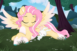 Size: 3007x2000 | Tagged: safe, artist:lovinglypromise, angel bunny, fluttershy, pegasus, pony, g4, alternate design, cloven hooves, coat markings, colored hooves, colored wings, crossed hooves, day, duo, eyes closed, facial freckles, female, freckles, gradient wings, grass, heart, heart mark, hooves, lying down, mare, on back, outdoors, pale belly, prone, sky, socks (coat markings), spread wings, tail, tree, two toned mane, two toned tail, wings