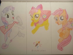 Size: 4192x3144 | Tagged: safe, artist:canterlot_artwork, apple bloom, scootaloo, sweetie belle, earth pony, pegasus, pony, unicorn, g4, my little pony: friendship is magic, one bad apple, cape, clothes, cutie mark crusaders, horn, jumping, traditional art