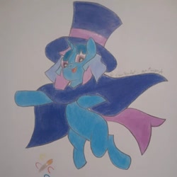 Size: 1080x1080 | Tagged: safe, artist:canterlot_artwork, oc, oc:flawless sparklemoon, pony, unicorn, my little pony the movie: the death of twilight sparkle, cape, clothes, fusion, fusion:trixie, fusion:twilight sparkle, fusion:twixie, hat, horn, jumping, solo, traditional art