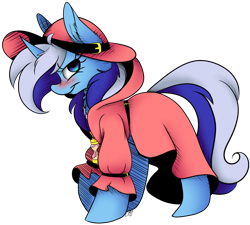 Size: 1024x920 | Tagged: safe, artist:cutepencilcase, minuette, pony, unicorn, g4, blushing, clothes, coat, hat, horn, hourglass, simple background, solo, transparent background