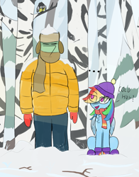 Size: 981x1250 | Tagged: safe, artist:theonlyone, rainbow dash, oc, oc:anon, bird, human, pegasus, pony, g4, anon is not amused, beanie, clothes, crepuscular rays, duo, duo male and female, female, forest, hat, male, nature, outdoors, scarf, snow, tree, ushanka, winter, winter outfit