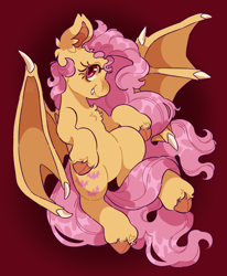 Size: 1686x2048 | Tagged: safe, artist:cocopudu, fluttershy, bat pony, pony, g4, bat ponified, bat wings, belly, chest fluff, claws, cloven hooves, coat markings, colored hooves, colored pinnae, colored wings, cute, cute little fangs, ear fluff, ear tufts, eye markings, facial markings, fangs, female, flutterbat, gradient background, hooves, long mane, long tail, looking at you, looking back, mare, orange hooves, partially open wings, pink eyes, pink mane, pink tail, profile, race swap, raised hooves, red background, red eyes, shiny mane, shiny tail, shyabetes, simple background, slit pupils, smiling, smiling at you, snip (coat marking), solo, tail, two toned wings, unshorn fetlocks, watermark, wing claws, wings, yellow coat