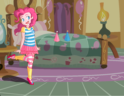 Size: 900x700 | Tagged: safe, artist:angelofdreams34, pinkie pie, human, g4, bed, clothes, female, hat, humanized, indoors, one leg raised, open mouth, party hat, smiling, socks, solo, striped socks, sugarcube corner