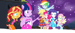 Size: 4096x1843 | Tagged: safe, artist:queenyart100, applejack, fluttershy, pinkie pie, rainbow dash, rarity, sunset shimmer, twilight sparkle, human, equestria girls, g4, my little pony equestria girls, crying, fall formal outfits, female, grin, humane five, humane seven, humane six, ponied up, redraw, scene interpretation, smiling