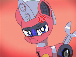 Size: 1440x1080 | Tagged: safe, artist:trackheadtherobopony, oc, oc:trackhead, pony, robot, robot pony, cross-popping veins, emanata, grumpy, half body, looking at you, puffy cheeks