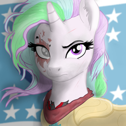 Size: 1024x1024 | Tagged: safe, artist:minecake, oc, oc only, oc:cake sparkle, pony, unicorn, equestria at war mod, alicorn amulet, armor, bandana, blind eye, burn marks, bust, flag background, flag of equestria, horn, portrait, royal guard, royal guard armor, solo