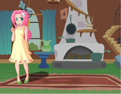 Size: 900x700 | Tagged: safe, artist:angelofdreams34, fluttershy, human, g4, clothes, dress, female, fluttershy's cottage, fluttershy's cottage (interior), humanized, indoors, solo