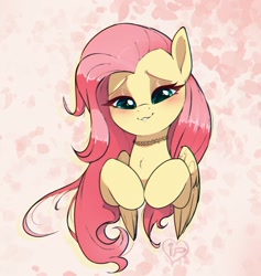 Size: 1137x1200 | Tagged: safe, artist:inkypuso, fluttershy, pegasus, pony, g4, abstract background, blushing, bust, chest fluff, choker, chokershy, cute, female, folded wings, hooves to the chest, hooves together, lidded eyes, looking at you, looking down, looking down at you, mare, shyabetes, smiling, smiling at you, solo, wings